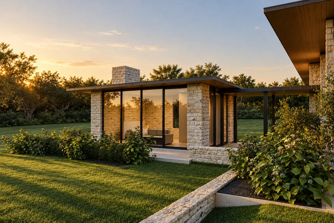 The casita at golden hour: limestone and glass under a bronze roof, with leafy shrubs and the covered breezeway to the main house.