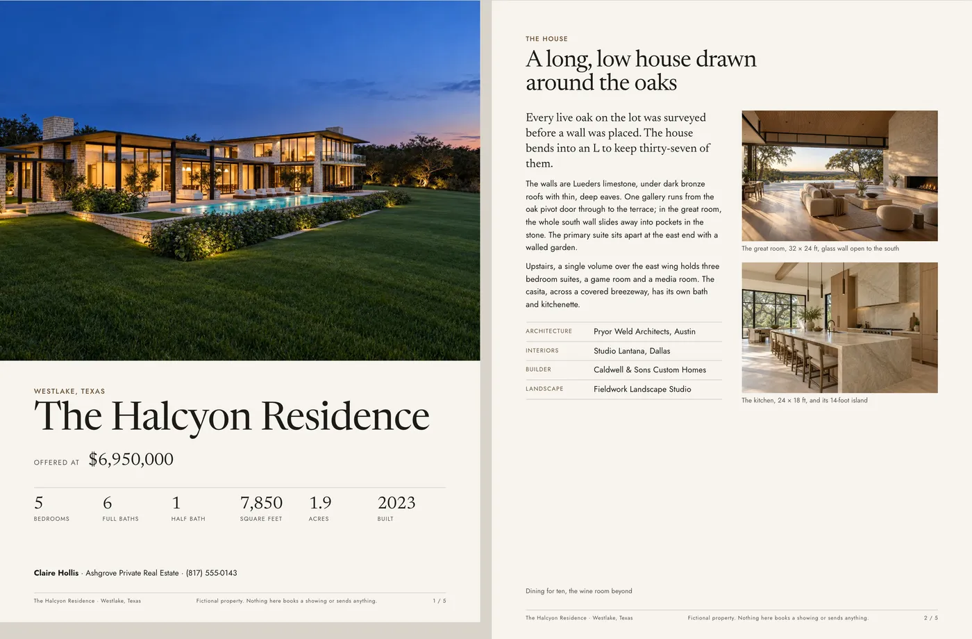 Two pages of the printable brochure: the cover with the price and key facts, and the story of the house with photographs.