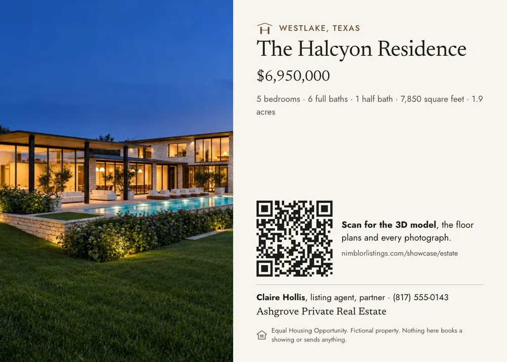 The 7 by 5 inch showing card with a dusk photograph, the price and a QR code to the listing site.