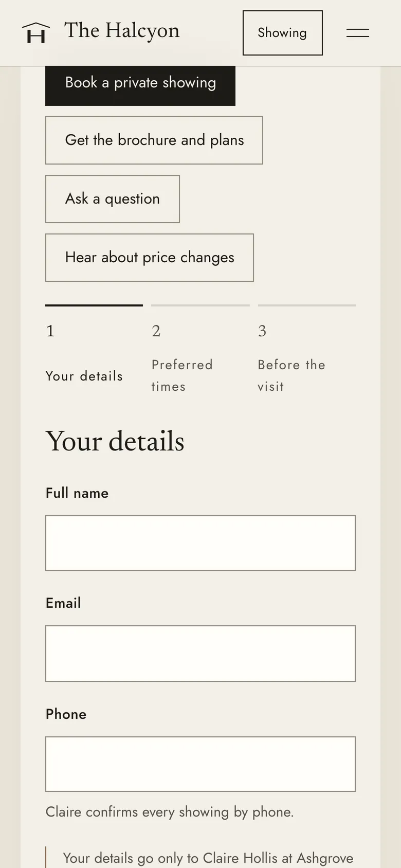 The showing request on a phone: a choice of booking a showing, getting the brochure, asking a question or hearing about price changes.