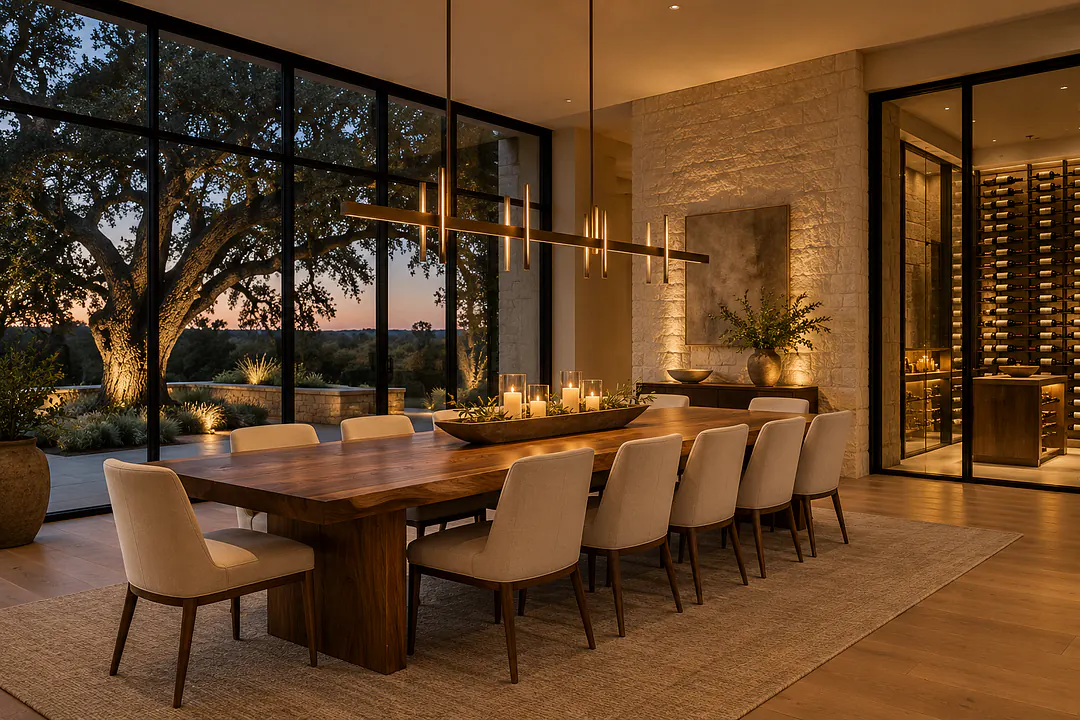 The dining room at dusk, a walnut table for ten under a linear bronze chandelier, with the lit wine room behind glass.