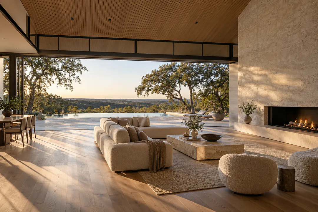The great room with its glass wall fully open to the terrace and pool, a limestone fireplace wall and a slatted white oak ceiling.