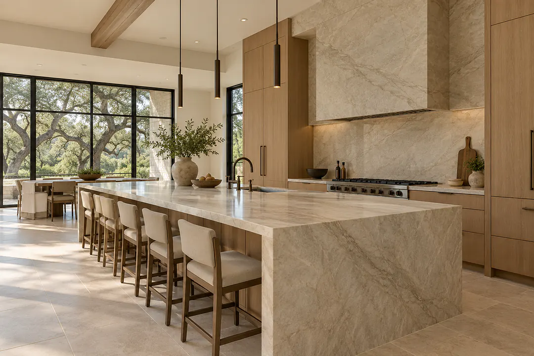 The kitchen: a long quartzite island with seating for six, rift-sawn white oak cabinetry and a full-height quartzite wall behind the range.