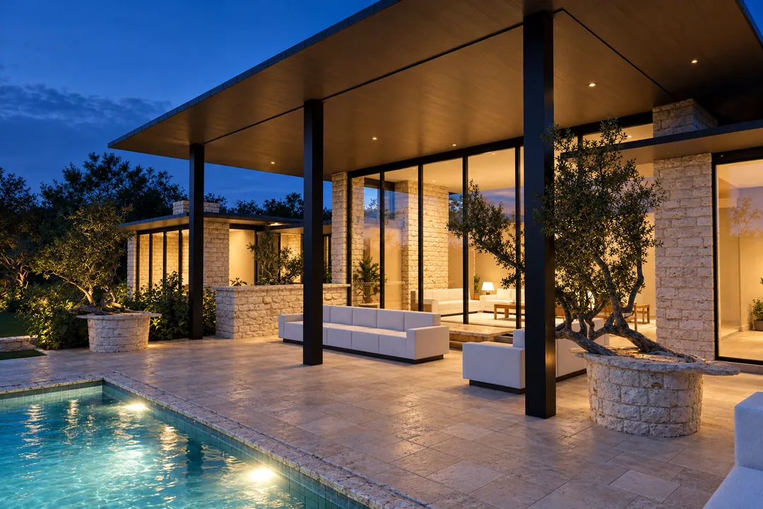 The covered loggia at blue hour: white outdoor sofas, an olive tree in a stone planter and the lit pool beside limestone paving.