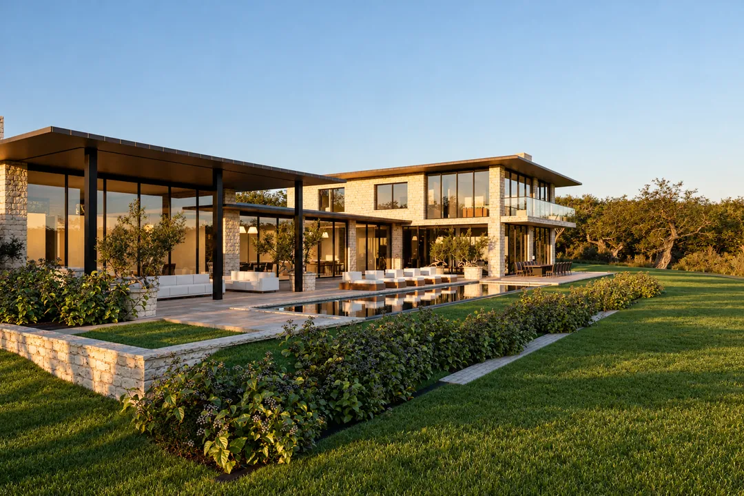 The terrace and 60-foot pool at golden hour, with the loggia, the two-storey east wing and a long planted border on the mown lawn.