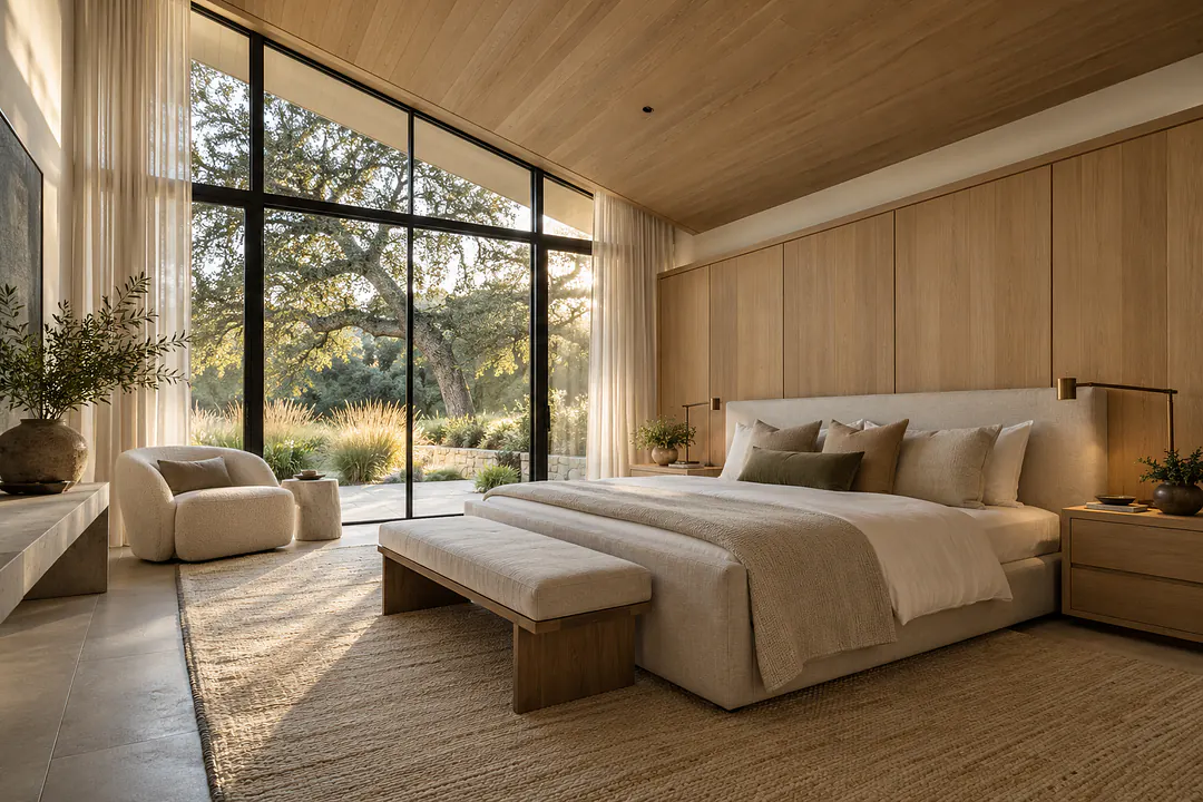 The primary bedroom, with a white oak ceiling and paneled wall, and floor-to-ceiling steel glass onto a private garden.